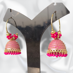 Pink Gold-Plated Hoop Jhumkas with Floral Bead Accents