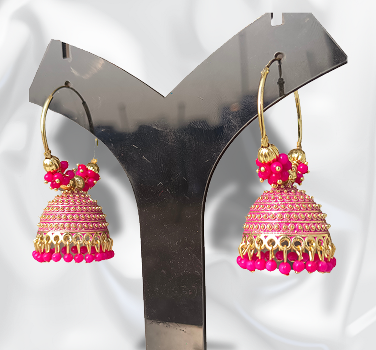 Pink Gold-Plated Hoop Jhumkas with Floral Bead Accents