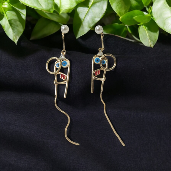 Quirky Abstract Face Dangle Earrings with Pearl Studs | GlintGems